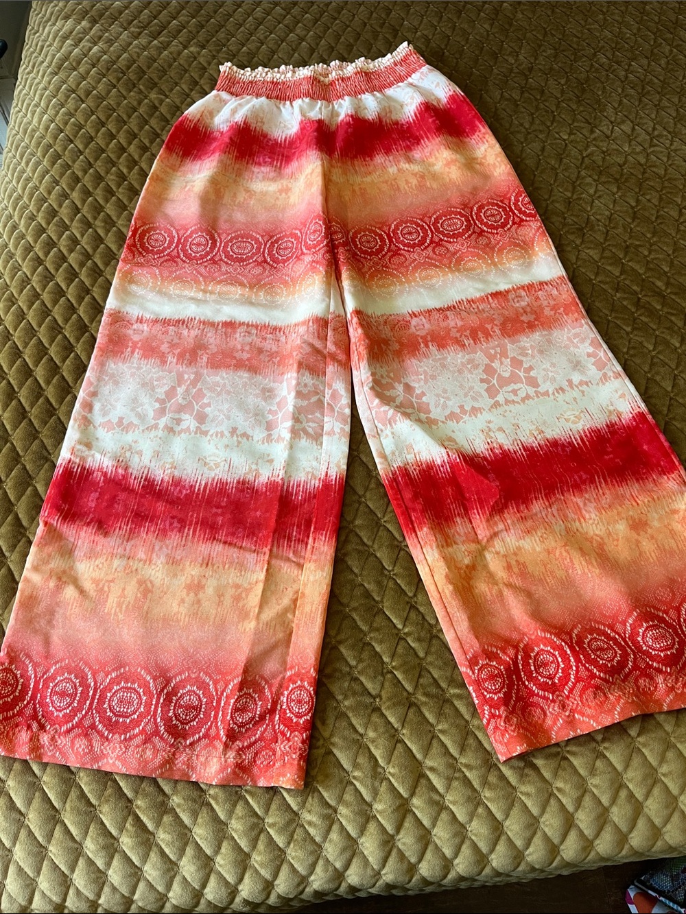 Women’s Wide-Leg Pull-On Pants in Red, Orange & Cream Tie-Dye